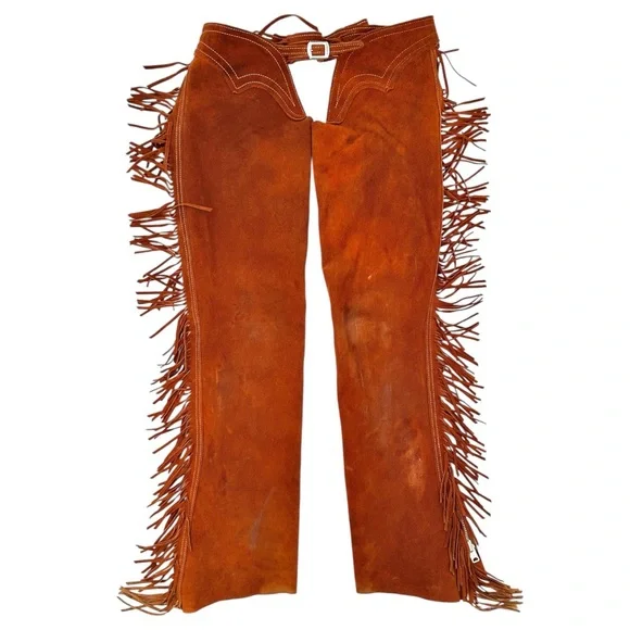 TALON ZIPPER RARE Pre 1960s Vintage Brown Distressed Suede Fringe Trim Chaps - Picture 1 of 12